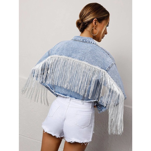 Fringe Raw Hem Button Front Crop Denim Jacket jean tassel cowboy nashville - Picture 1 of 6